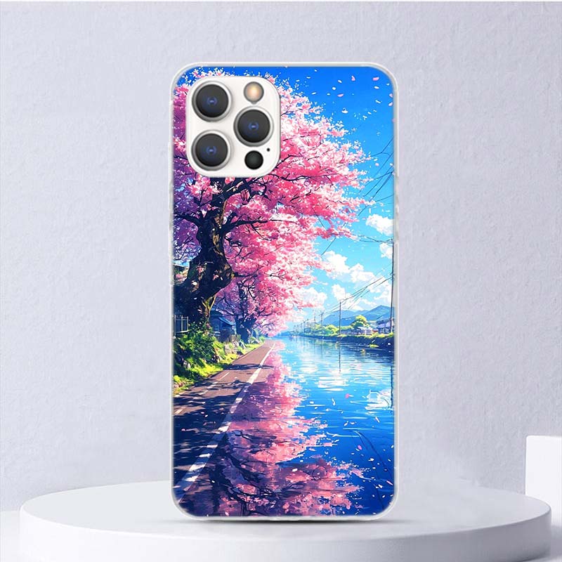 Японская вишня Гора Фудзи Мягкий чехол для iPhone 16 17 Air 16E 15 Plus 11 12 13 Mini 14 Pro Max Чехол для телефона Apple 7 8 SE Coque Fu