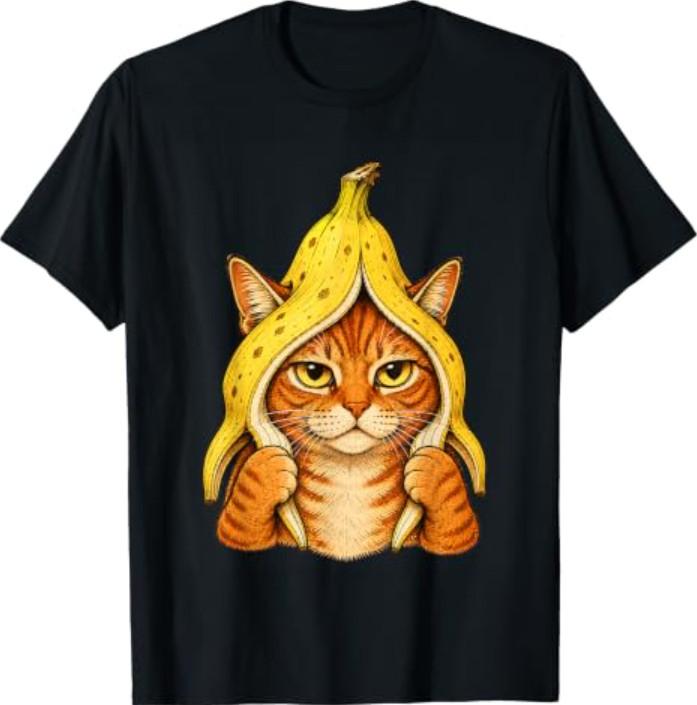 Cat with Banana on Head Funny Pet Meme Kitten Humor T-Shirt