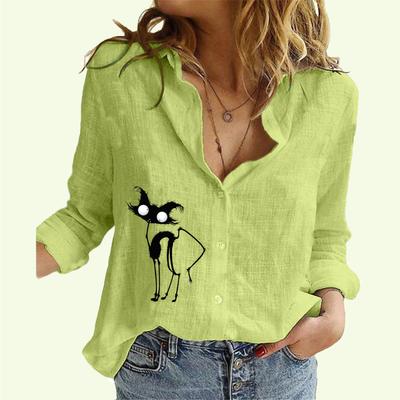 Женская модная рубашка с лацканами на пуговицах, весна-лето, тонкий хлопковый льняной топ, повседневные блузки с принтом кота