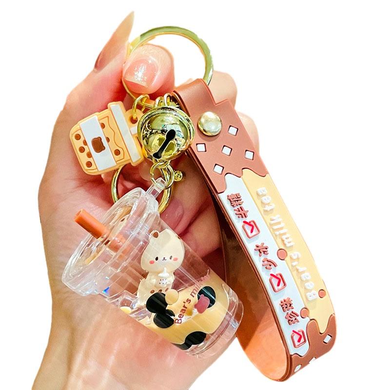 Unique Floating Bear Milk Tea Cup Keychain Adorable Acrylic Keychain Perfect For Travel Souvenirs
