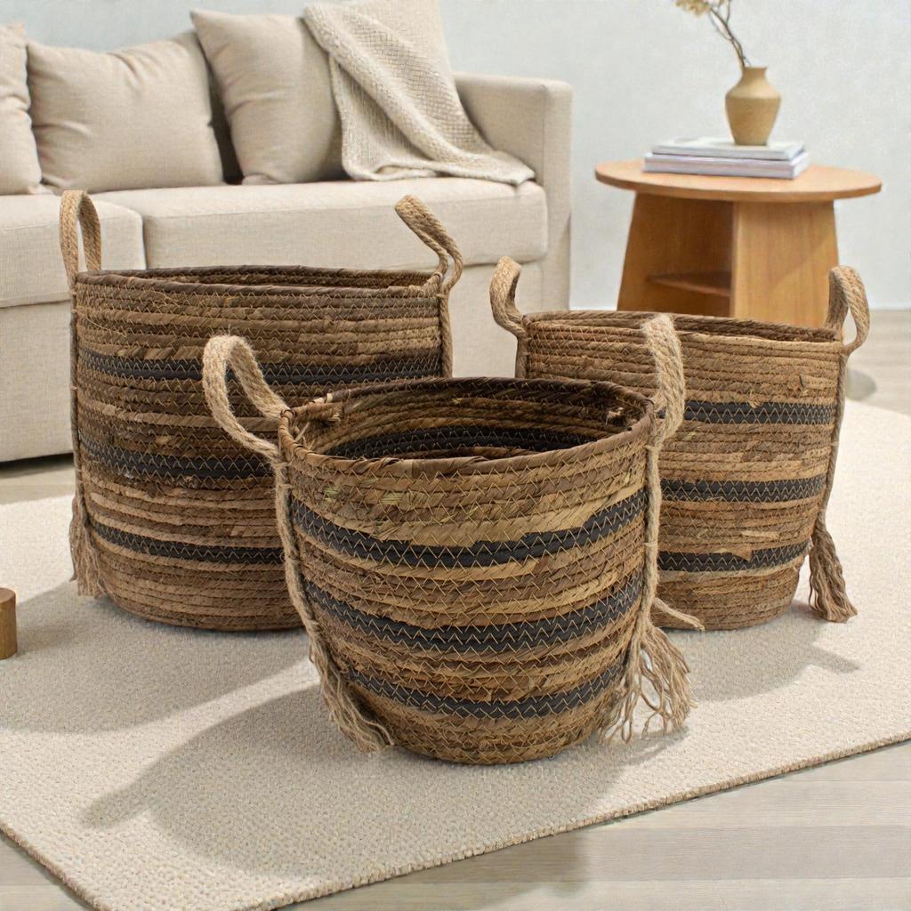 Bananna Leaf & Seagrass Large Baskets – Natural Browns- Set of 3