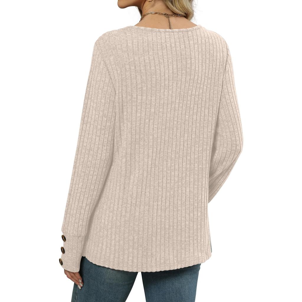 Женская футболка, футболка, пуговица, длинный рукав, туника, повседневная, для выходных, модная, базовая, с V-образным вырезом, обычный топ