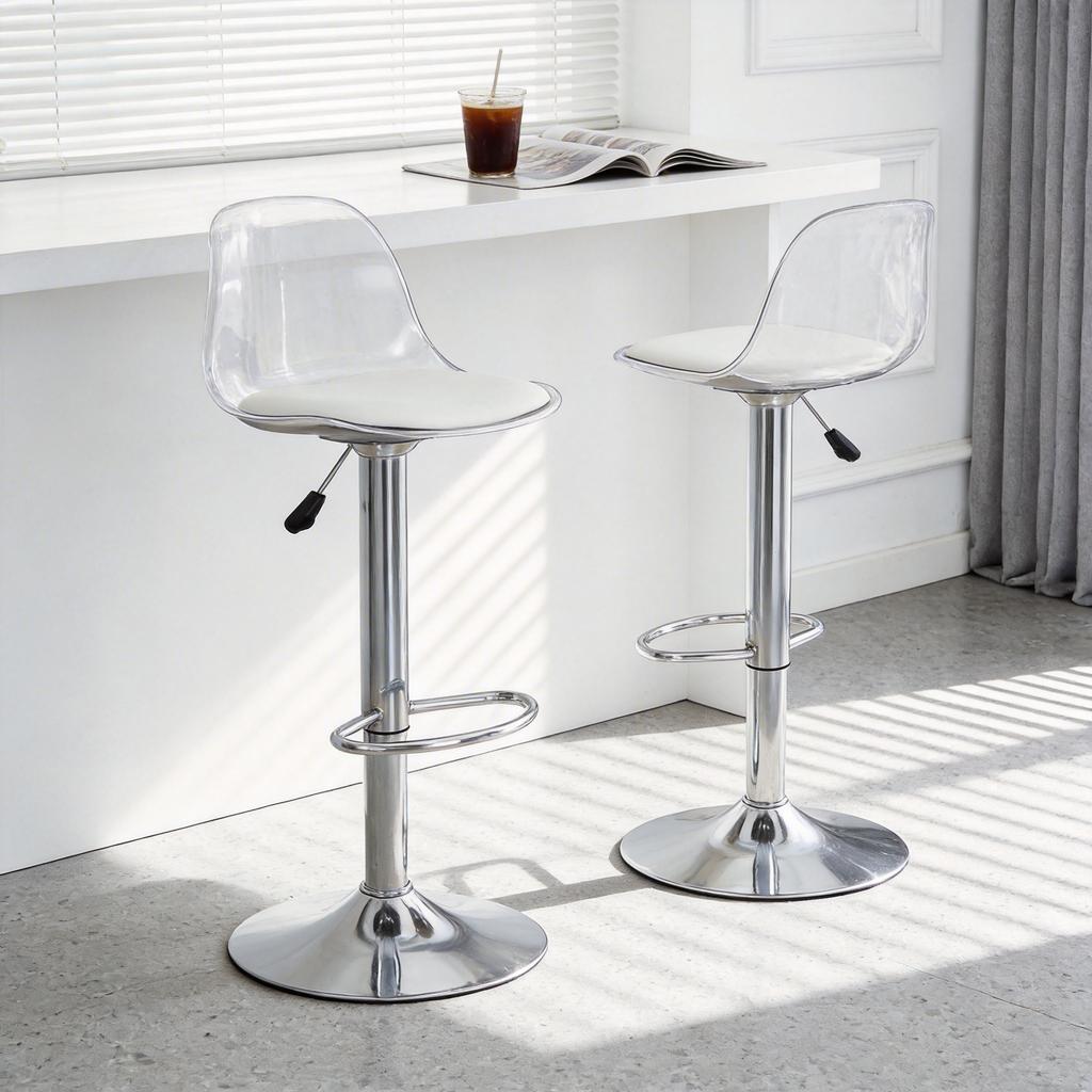 2-Pack Adjustable Bar Stools: Transparent Backrest + Silver Metal Legs, Height Adjustable from 82-104 cm, 360 degrees Rotation.