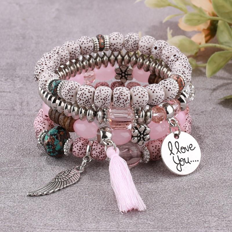 4PCS Bohemian Multi-Strand Beaded Bracelet Set with Fringe Tassel & Wing "I Love You" Charm - Women's Layered Jewelry Gift for Summer Fashion