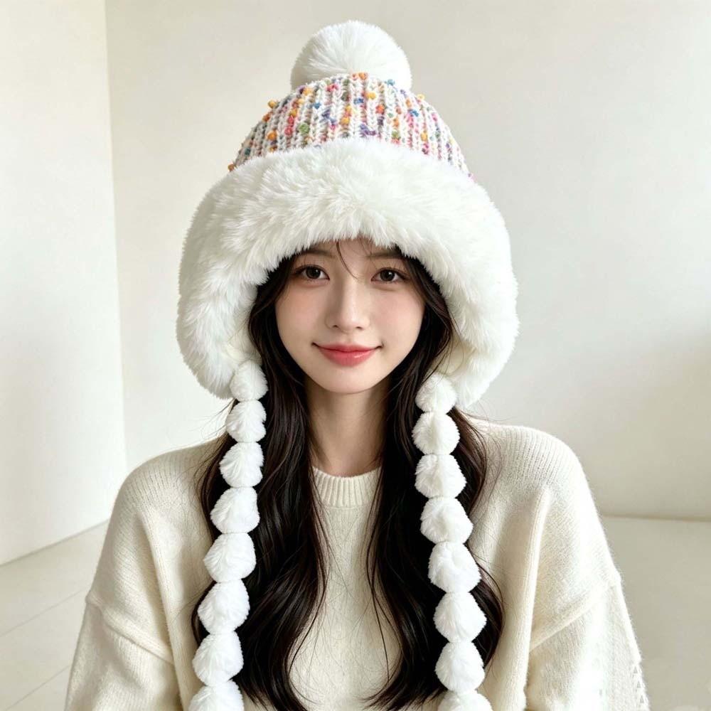 Striped Knit Pompom Braids Hat Fur Brim Fur Trim Trapper Fleece Knit Beanie Skiing