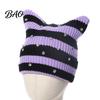 Knitted Winter Hat for Women Cat Ear Girls, Striped Slouchy Crochet Headgear Trendy Festival Fashion with Shiny Rhinestones, Cute Warm Cap Contrast