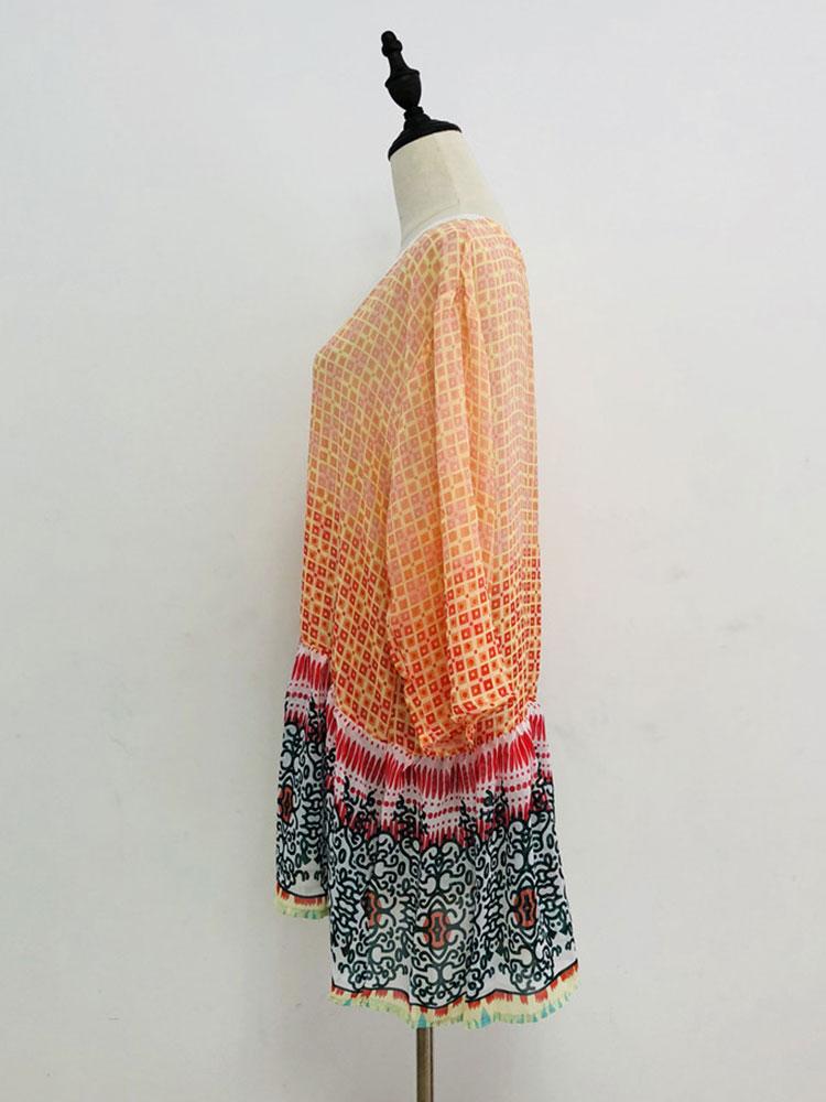 EDOLYNSA 2024 Лето Повседневный Купальный Костюм с Принтом Купальники Пляжная Туника Платье Сексуальная V-образным Вырезом Шифон С Длинным Рукавом Женская Одежда Миди Платья Q430