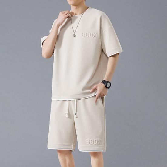 Мужской летний наряд из 2 шт./компл., футболка с коротким рукавом и круглым вырезом, эластичная талия, регулируемый шнурок, широкие шорты, комплект, поддельные