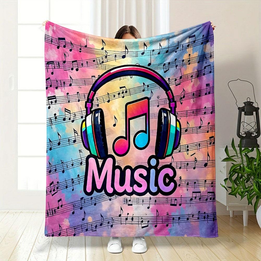 Colorful Headphones with Musical Notes Patterned blanket, flannel, suitable for all seasons, home decor, warm and cozy
