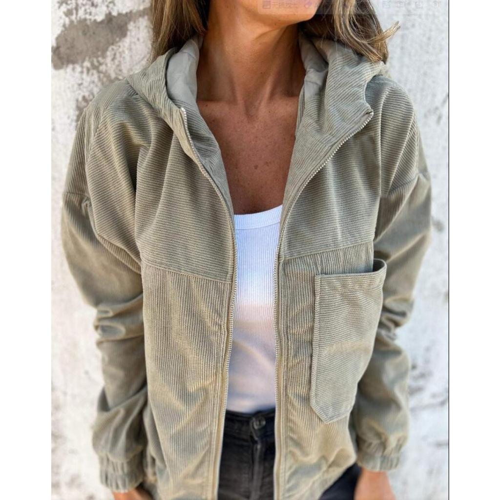 2025 New Women's Solid Color Corduroy Hooded Jacket Fashion Casual Long Sleeve Outerwear for Autumn Winter