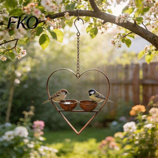 Backyard Bird Feeder Metal Heart Feeder, Outdoor Hanging with 2 Bowls, Garden for Wild Birds Sparrows