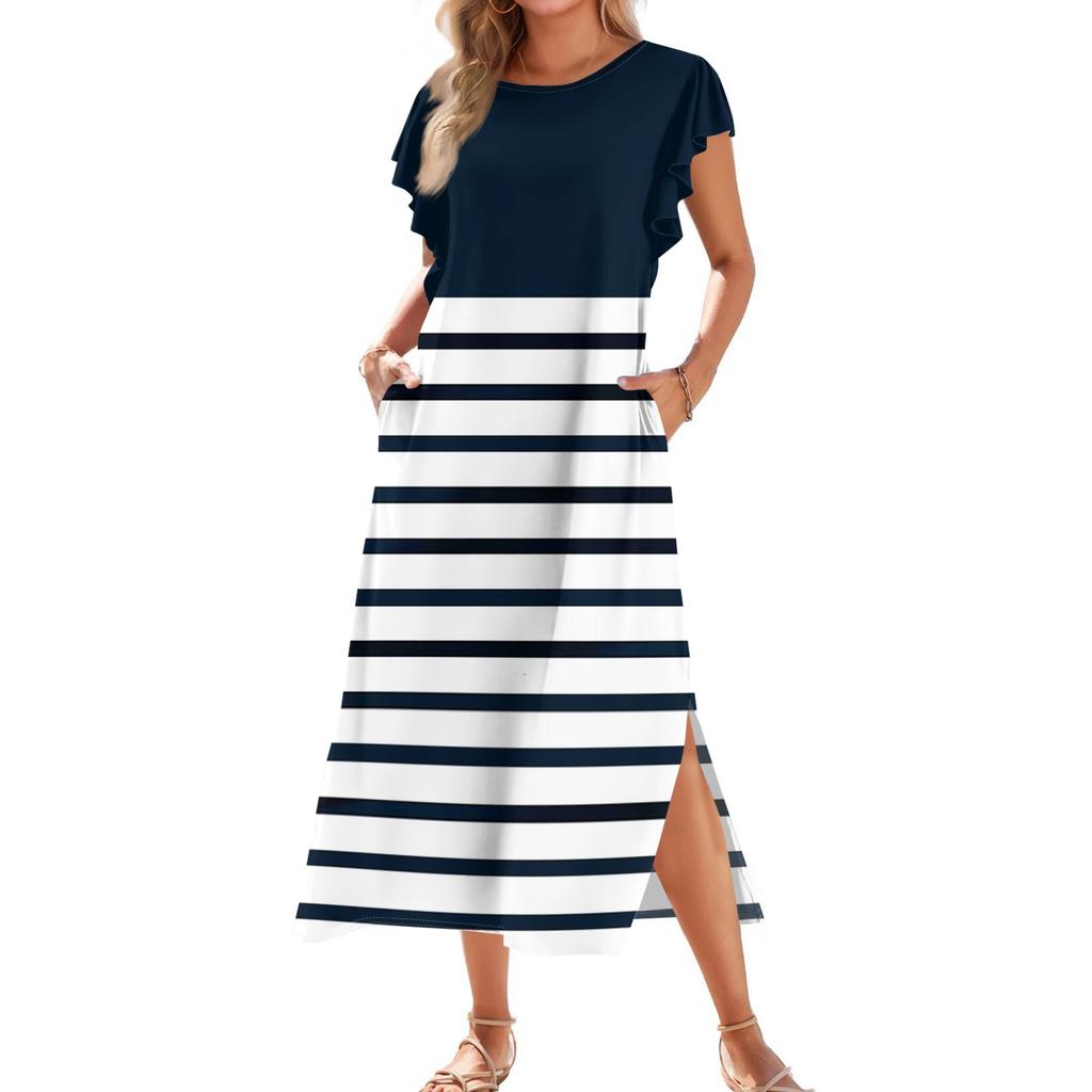Женское модное летнее повседневное пляжное платье с плиссированными рукавами, свободными полосатыми короткими рукавами, круглыми завязками и карманами