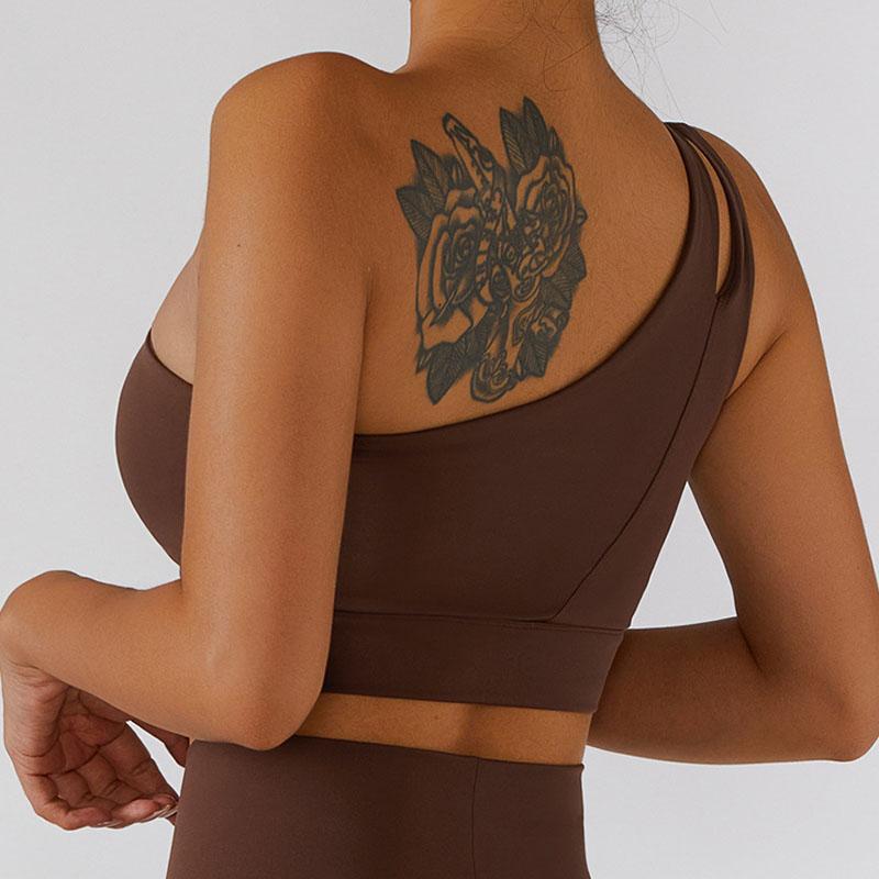 Цельный бюстгальтер для йоги телесного цвета на одно плечо, эластичное противоударное спортивное нижнее белье, женский жилет для бега и фитнеса