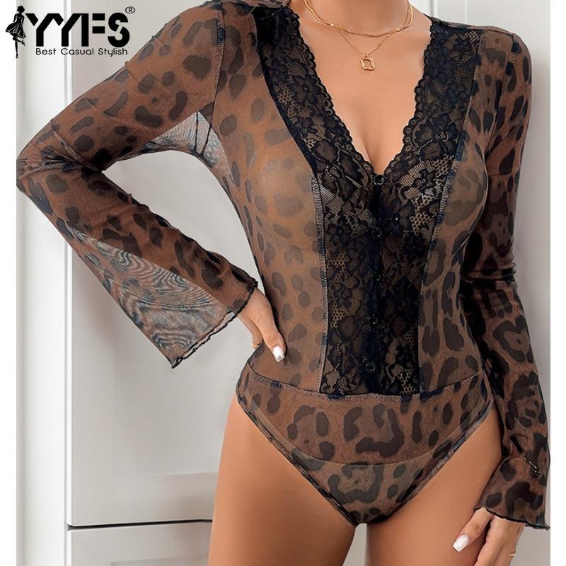 YYFS Женские модные повседневные боди с леопардовым принтом весна-осень с длинным рукавом и V-образным вырезом