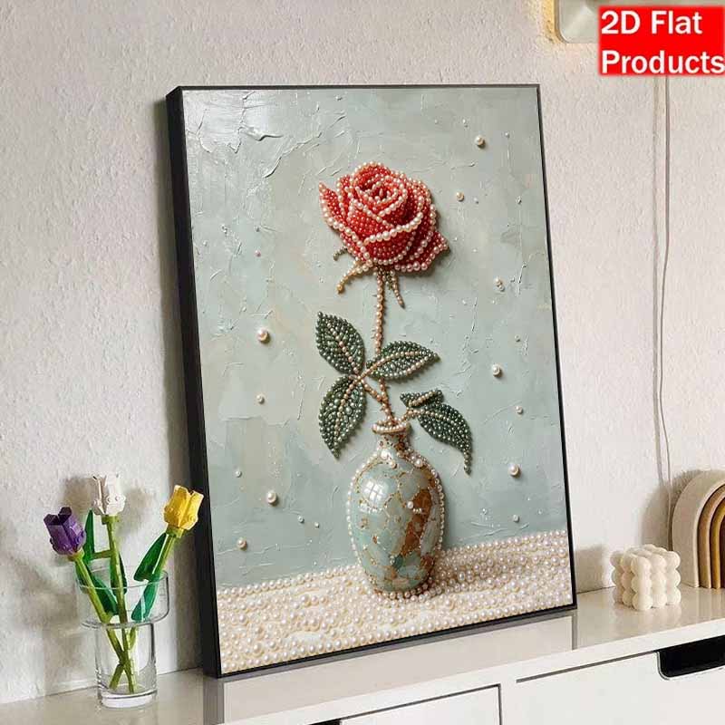 Набор для DIY-рисования жемчугом без рамки Дизайн Красная роза в вазе 3D Блестящее жемчужное искусство Холст Расслабляющее рукоделие для декора стены современного дома Арт-подарок