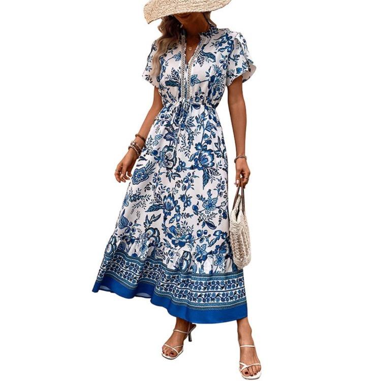 Hot Selling Women's Blue Retro Ethnic Print Vacation Dress Casual Slim Waist Crossbody Apparel Fashion