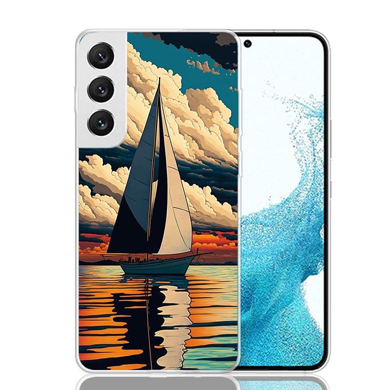 Sailing Boat Sunset Phone Case For Samsung Galaxy S25 S24 S23 S22 S21 FE S20 Ultra S10 Plus Art Customized Coque Capa S24 S23 S2