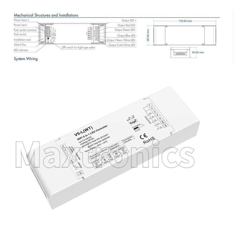 Skydance WiFi & RF 5 in1 CV Controller V5-L(WT) (Tuya App) 5CH*6A 12-48VDC for RGB RGBW RGB+CCT CCT Single Color LED Strip Light