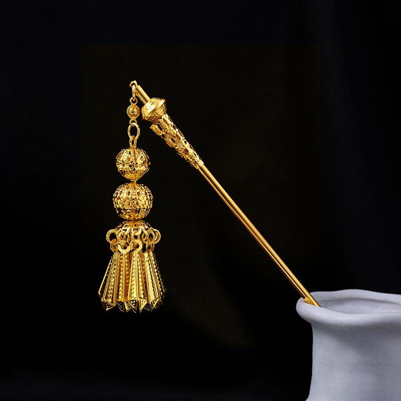 Hollow Geometric Tassel Hairpin for Women - Ethnic Style with Water Drop Leaf Round Design, Hanfu Accessory