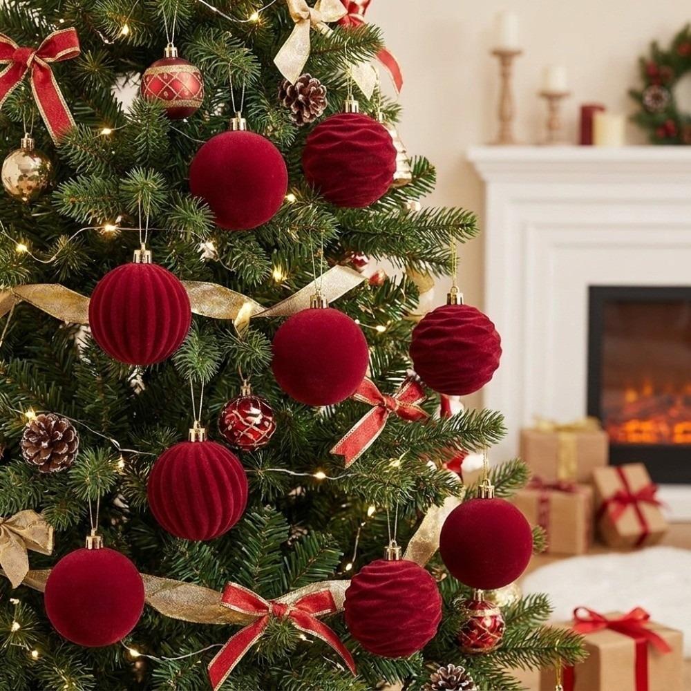 12pcs/set Flocked Velvet Christmas Ball Pendant 6cm Xmas Tree Ornaments New Year Gifts