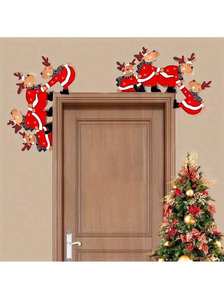 Christmas1pcs Christmas Door Frame Decoration - Funny Santa Claus and Elk Wooden Pendant Suitable For Doors, Walls, and Windows