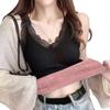 Women Thermal Vest Lace Trim Plush-lined V Neck Sleeveless Thread Solid Color Slim Fit Elastic with Chest Pads Layering