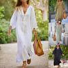 Women's Plus Size Long Dress V-neck Long Sleeve Maxi Dress Casual Button Solid Color Linen Dresses