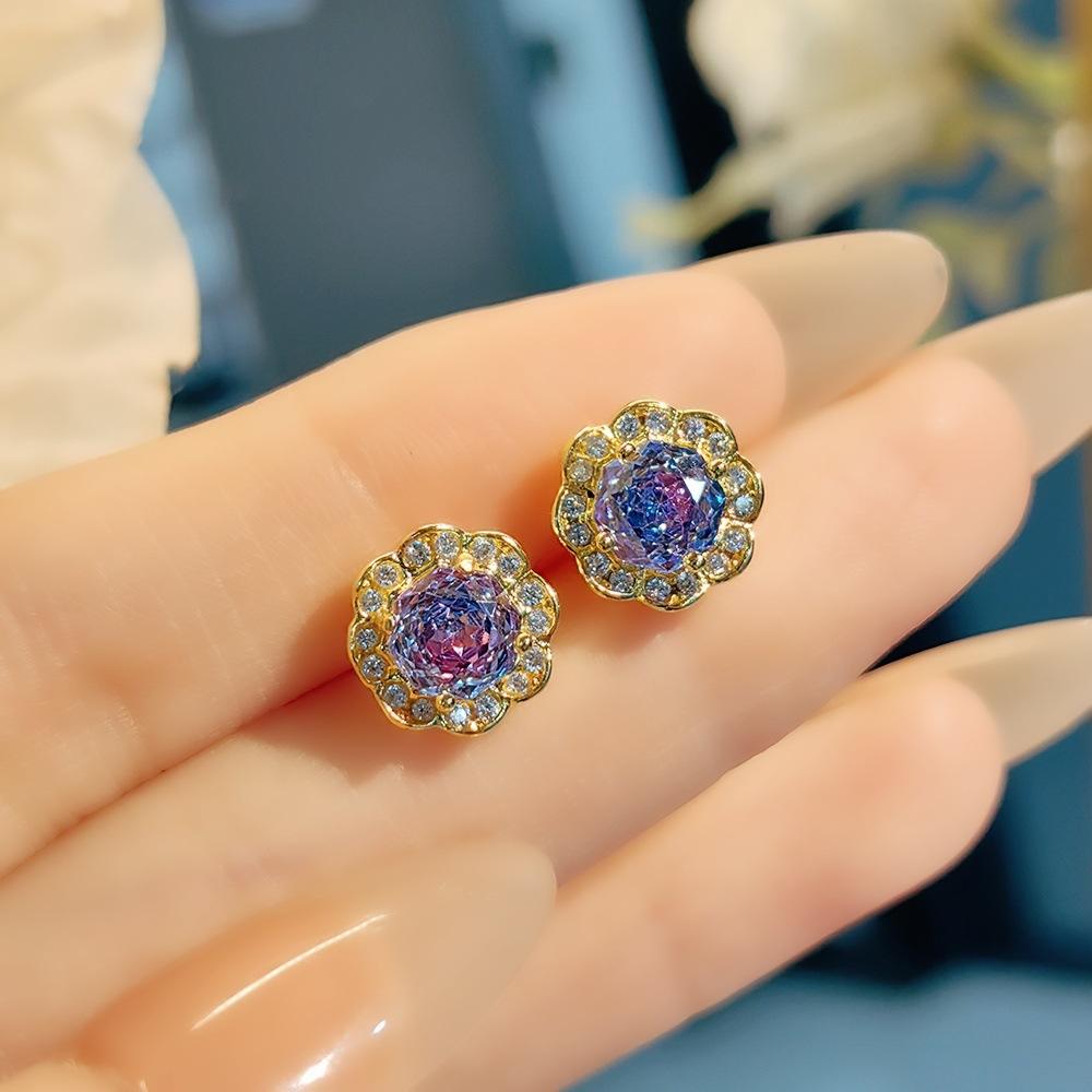 Exquisite Colorful Octagon Millennium Rose Cut Paraiba Ring Set Light Luxury High Carbon Diamond Redstone Stud Earrings Pendant