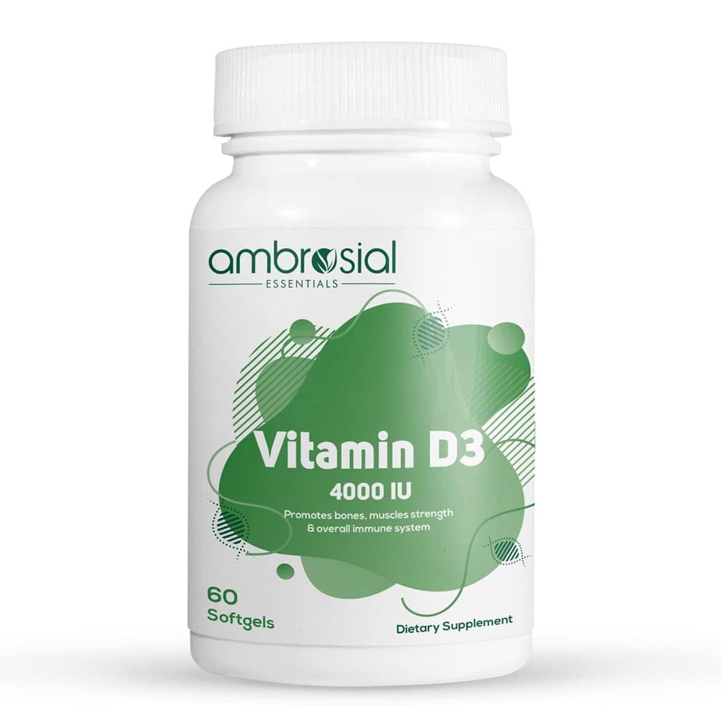 Витамин D3 Ambrosial 4000 МЕ (100 мкг) |Таблетки с витамином D для здоровья костей и зубов |Поддерживает иммунитет и мышечную функцию (Упаковка из 1-60 мягких капсул)