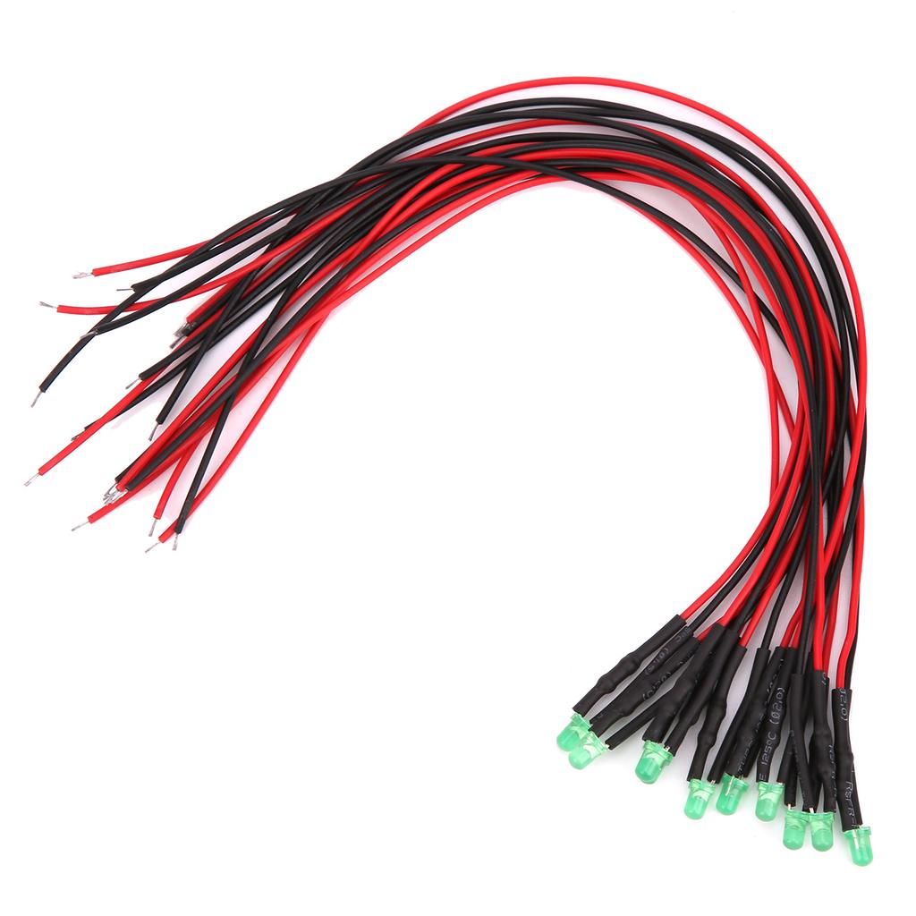 100Pcs LED Pre Wired LightEmitting Diode 12V Round Head High Brightness InLine Beads 3mm 20cm(Green