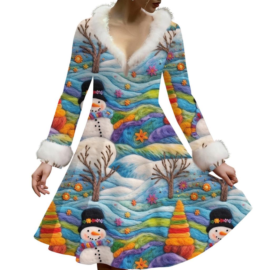 Женское повседневное платье с V-образным вырезом, рождественским принтом, плюшевыми длинными рукавами