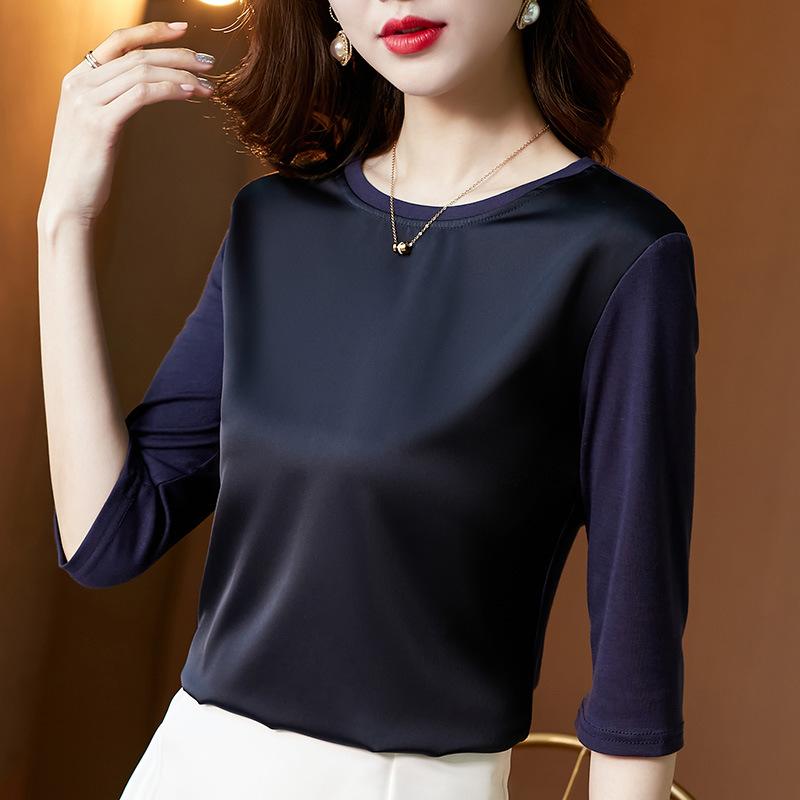 Футболка с рукавом 7 четвертей из ацетатного атласа на основе для женщин, весенняя, новая, модальная, с круглым вырезом, универсальная, маленькая рубашка