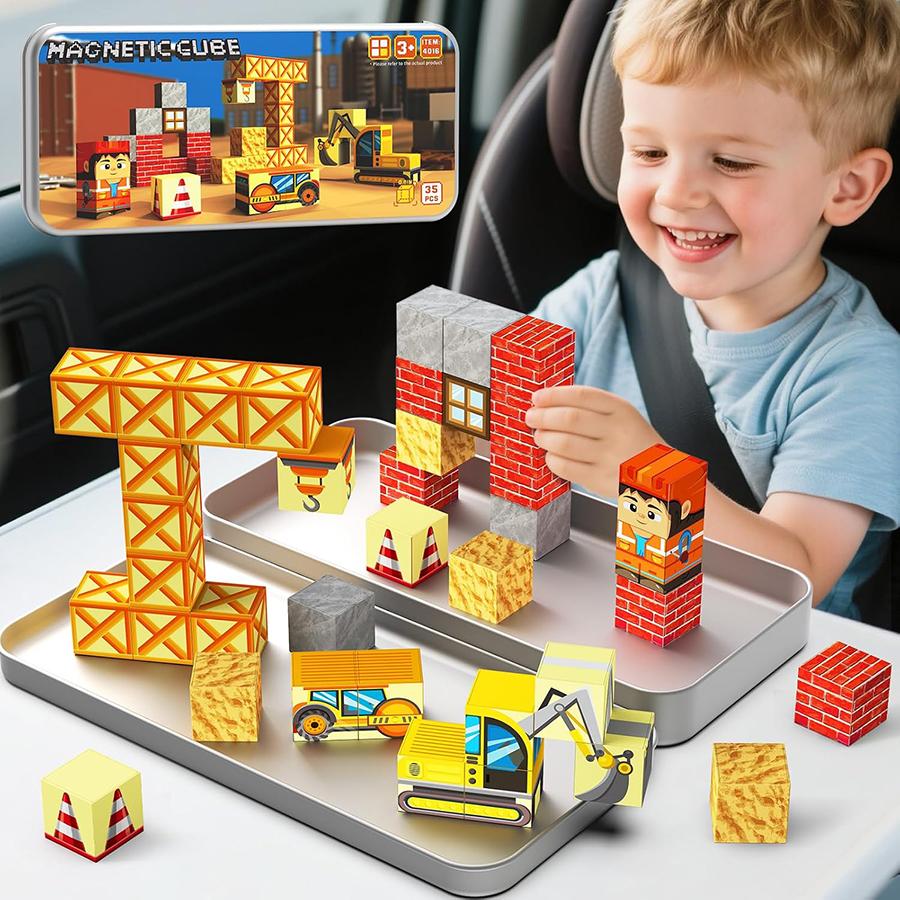 Magnetic Building Blocks for Kids, STEM Engineering Travel Toys with Portable Iron Box, Educational Construction Set for Toddler