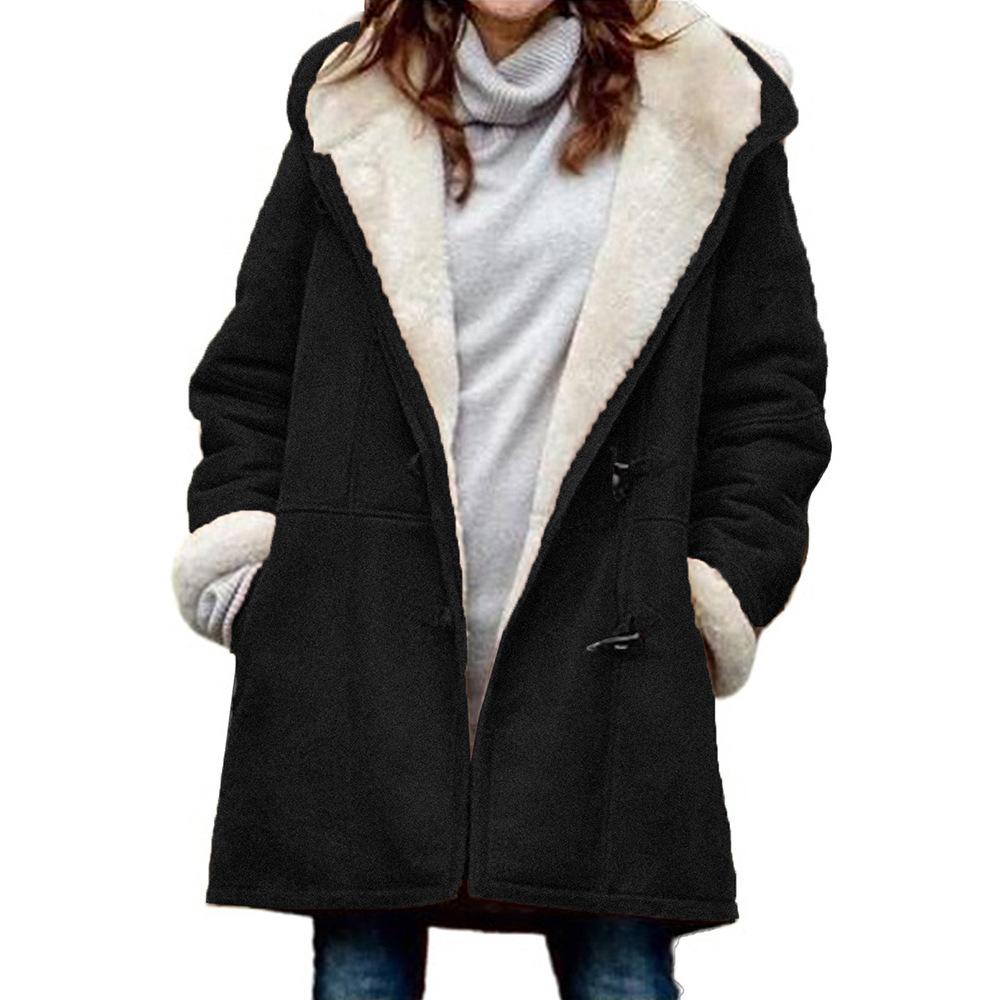 Coat Women's Jacket Cow Horn Buckle Pockets Fleece Lined Hooded Overcoat Outerwear Winter Women