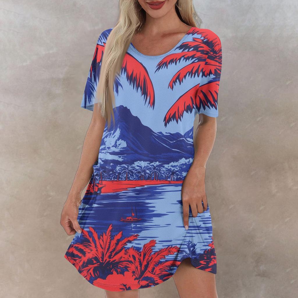 Женское повседневное и модное платье средней длины с V-образным вырезом и коротким рукавом с принтом