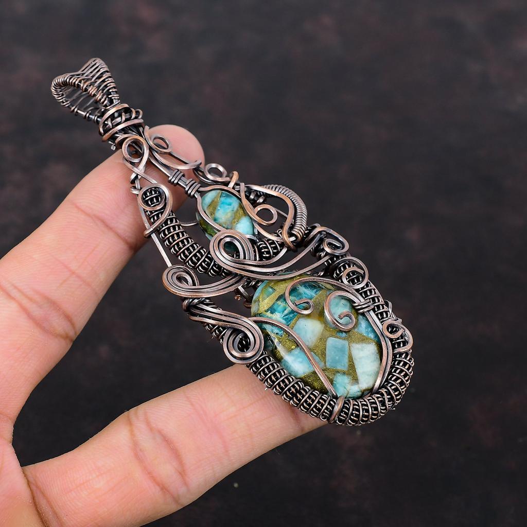 Медный амазонитовый кулон, обернутый медной проволокой, драгоценный камень, ювелирные изделия ручной работы, достойный кулон, амазонитовые украшения для подарка, ювелирные изделия из медной проволоки