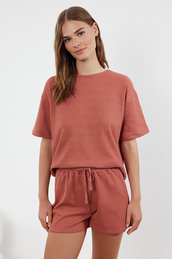 Women's Fashion Indigo Waffle Fabric Knitted Pajama Set