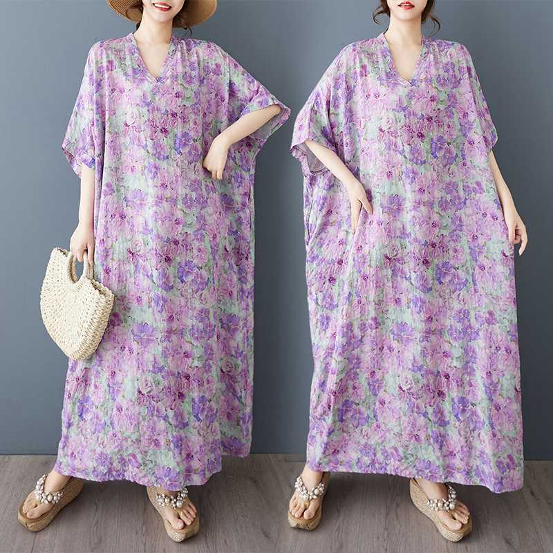 Летнее платье с цветочным принтом в стиле отпуска и V-образным вырезом в стиле ретро, длинное, чтобы скрыть тело, платье из хлопка и льна