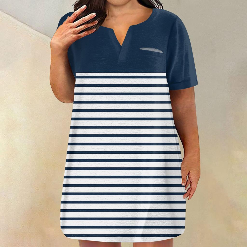 Женские платья больших размеров с V-образным вырезом и коротким рукавом, летнее повседневное однотонное платье-туника с карманом