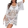 Sexy Beach Bikini Cover-up V-neck Half Sleeve Embroidery Flower Pattern See-Through Mesh Cover-up Loose Fit Ultra-thin