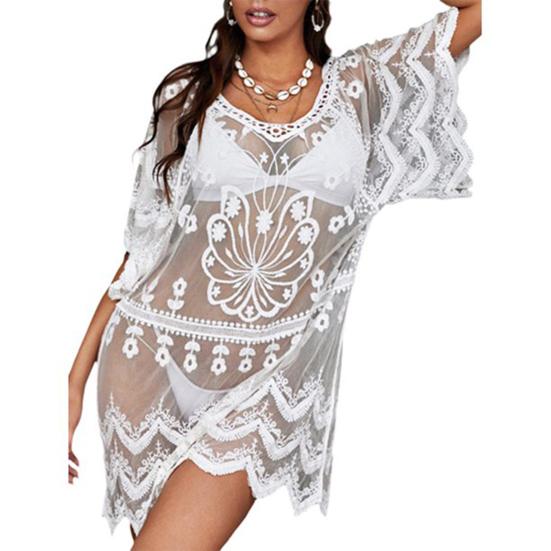 Sexy Beach Bikini Cover-up V-neck Half Sleeve Embroidery Flower Pattern See-Through Mesh Cover-up Loose Fit Ultra-thin