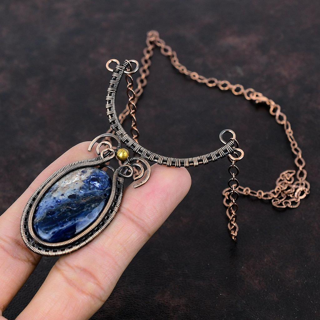 Ожерелье из содалита, обмотанное медной проволокой, регулируемое, медная бижутерия, ожерелье ручной работы, новая бижутерия, свадебный подарок