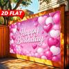 2D Pink Happy Birthday Backdrop, Glitter Heart & Balloon Photography Background