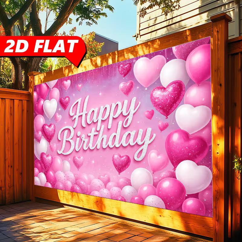 2D Pink Happy Birthday Backdrop, Glitter Heart & Balloon Photography Background