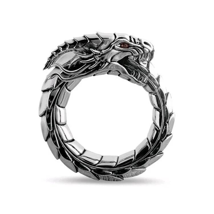 Cool Men Golden Dragon Rings Silver Color Fashion Red AAA Zircon Hip Hop Motorcycle Punk Party Jewelry Gift Size 6-13 Wholesale