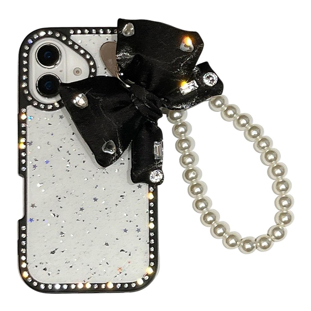 For iPhone 16 Plus Case Glitter Epoxy Design TPU+PC Phone Back Cover with Bow Strap,Rhinestone Decor