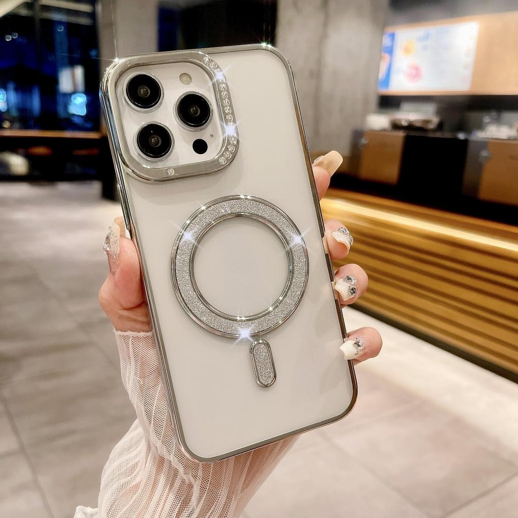 Подходит для IPhone16Pro Гальванизированный Водяной Бриллиант Чехол для Телефона, Apple 15 Инкрустированный Бриллиантами Блестящий 14 Магнитная Зарядка Защитный Чехол
