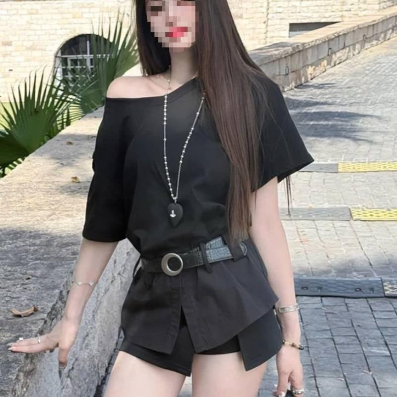 Summer Fashion Offshoulder Spliced Ruffled Waist Tshirt For Women