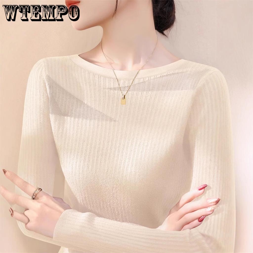 WTEMPO Женский вязаный свитер с круглым вырезом, кружевной сеткой, женский свитер на весну и лето