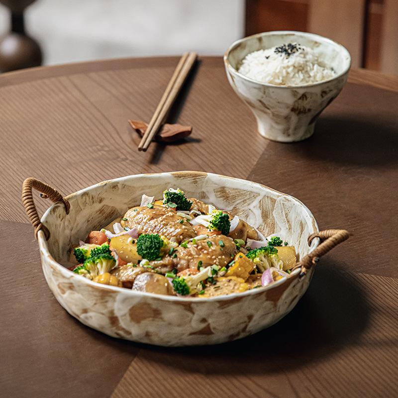 Мэдж Ностальгическая Ручная Работа Грубая Керамика Пеньковая Веревка Двуручная Чаша Ретро Глубокая Тарелка Новоселье Новый Дом Чаша Фруктовая Чаша Экспорт